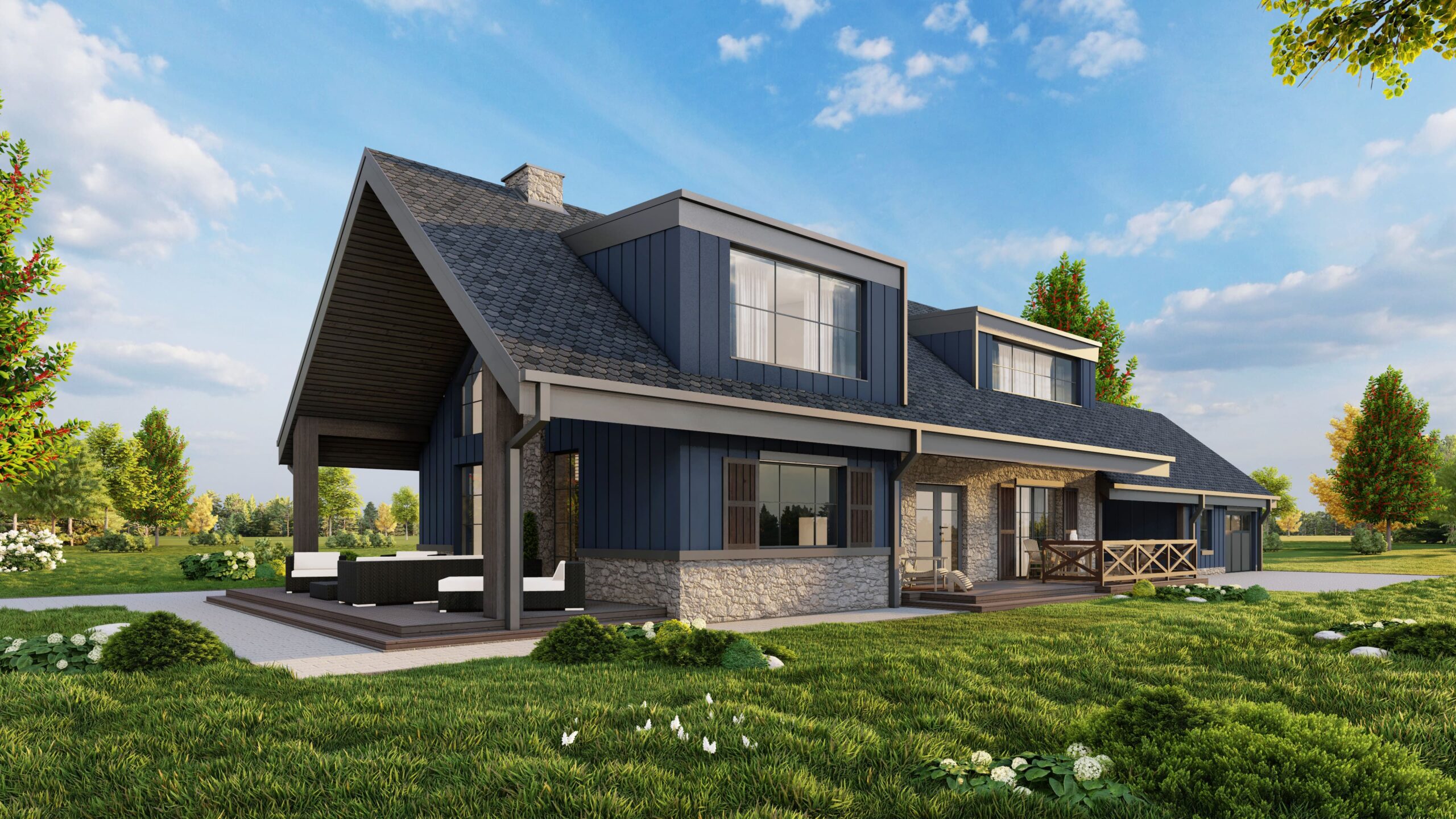 Dom z niebieską elewacją